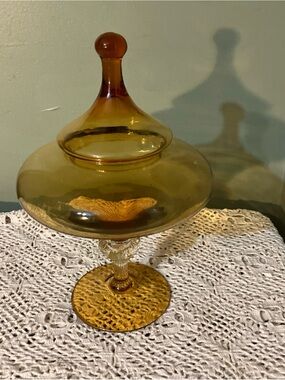 Vtg MCM Tall EMPOLI Honey Amber Glass Apothecary Jar Candy Dish Circus Tent 12"